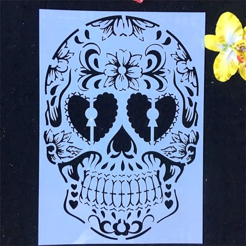 TIAMECH A4 Reusable Mandala Smile Skull Stencil for Painting - style: Smile Heart Eyes Skull