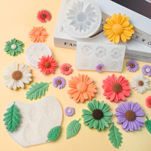 Daisy Candle Molds, Set of 4 Daisy Flower Molds with Leaf Molds - color: 4 PCS Daisy Molds with Leaf Mold