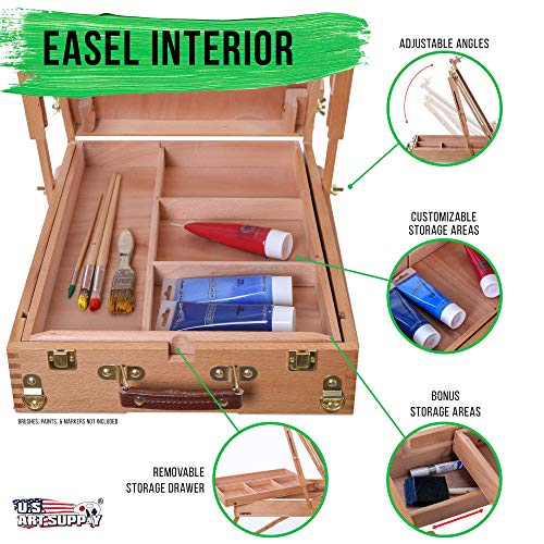 U.S. Art Supply Large Beechwood French Easel, Adjustable Plein Air Easels | Sketchbox Tripod for Field & Studio Painting Easel for Adults, Drawing, Display - Portable with Artist Drawer & Palette - style: Easel