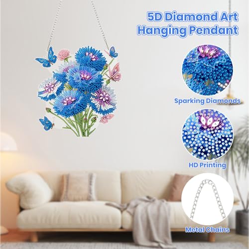 MOGTAA Flowers Diamond Art Hanging Kits for Adults, DIY Double Sided Butterfly Diamond Art Suncatchers, 5D Special Shape Diamond Painting Animal Pendant Window Ornament Gifts for Home Decor - color: Flowers