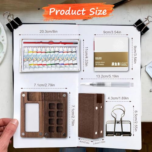 Mini Watercolor Travel Paint Set,Travel Watercolor Kit, Portable Artist Palette Sets with 24 colors, 3 Pens, Brush, Sketchbook, Binder Clips, Colours, Wooden Paint Box for Artists, Students & Beginners (16 colors) - color: 16 colors