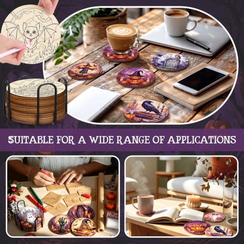 Reallnaive 77 Pcs Halloween Coasters Painting Kit, 20 Set Wooden Drink Coasters 4 Inch with Holder & Markers Boho DIY Crafts for Adults, Women, Hobby, Color Your Own Art Craft Supplies - style: Halloween