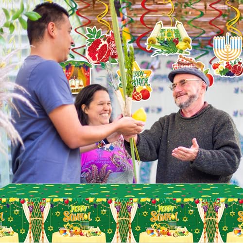 1Pc Happy Sukkot Party Plastic Tablecloth 54 x 87 Inch Long Table Cover, Jewish Fiesta Party Tablecover for Sukkah Let's Rejoice Kids Baby Shower Birthday Dinner Picnic Kitchen Event - color: Happy Sukkot