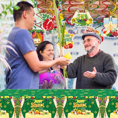 1Pc Happy Sukkot Party Plastic Tablecloth 54 x 87 Inch Long Table Cover, Jewish Fiesta Party Tablecover for Sukkah Let's Rejoice Kids Baby Shower Birthday Dinner Picnic Kitchen Event - color: Happy Sukkot