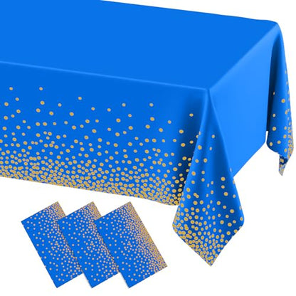 3 Packs Dot Disposable Table Cloth, 54 x 108 Inch Waterproof Plastic Tablecloth, Rectangle Gold Dots in Blue Table Covers for Picnic, Birthday, Party and Back to School - color: Gold in Blue, size: 54" x 108"