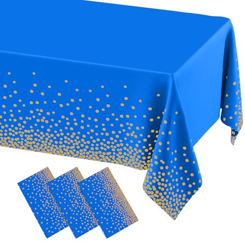 3 Packs Dot Disposable Table Cloth, 54 x 108 Inch Waterproof Plastic Tablecloth, Rectangle Gold Dots in Blue Table Covers for Picnic, Birthday, Party and Back to School - color: Gold in Blue, size: 54" x 108"