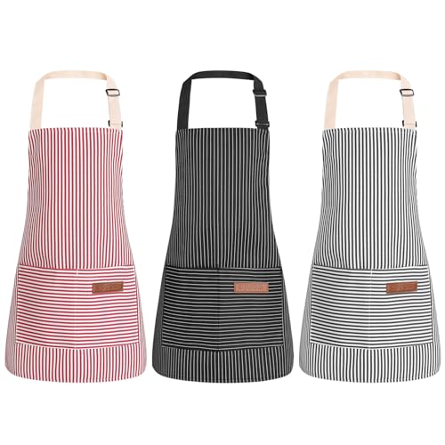 3 Pack Stripes Kids Apron, Adjustable Kids Cooking Aprons with 2 Pockets, Cute Chef Baking Aprons for Boys and Girls - color: Black + Grey + Pink, size: 45x50cm