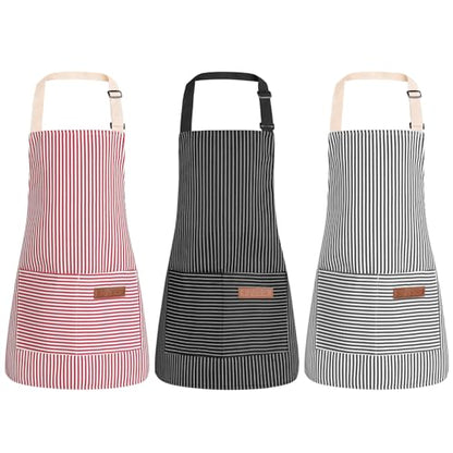 3 Pack Stripes Kids Apron, Adjustable Kids Cooking Aprons with 2 Pockets, Cute Chef Baking Aprons for Boys and Girls - color: Black + Grey + Pink, size: 45x50cm