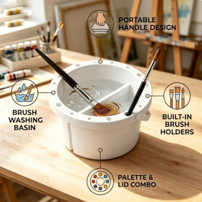 Paint Brush Cleaner Washer, Paint Brush Washer Multifunction Painting Brush Basin Holder and Organizer with Lid Palette and Handle Portable Painting Water Cup for Watercolor Acrylic Oil Art