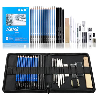 H & B 33 Pieces Drawing Pencils Set, Sketching Pencils Set & Drawing Kit, Includes Sketch Pad, Graphite Pencils, Charcoal Sticks and Eraser, Supplies for Artists/Beginner/Adults - size: 33 Piece Set