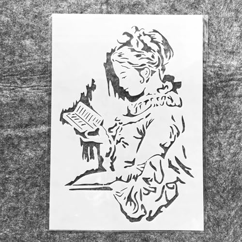 TIAMECH A4 Reusable Vintage Reading Girl Stencil for Painting | Studying Woman Book Layering Template, DIY Wall Art, Wood Furniture, Scrapbook & Crafts (8.3x11.7inch) - style: Vintage Reading Girl