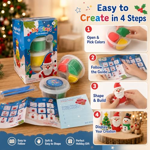 Air Dry Clay for Kids, 4 Christmas Mini Modeling Clay Sets, DIY Snowman Model Magic Clay Kit with Tools & Tutorials, Christmas Stocking Stuffers for Kids, Creatible Art Crafts Toys Gifts Xmas Gift - color: 4 Packs Mini Christmas Kit