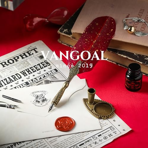 VANGOAL Vintage Carving Feather Pen Set, Glittering Quill Pen Set Antique Calligraphy Writing Dip Pen with Ink, 2 Replacement Nibs, Pen Stand Base, Luxury Vintage Signature Pen (Red) - color: Red