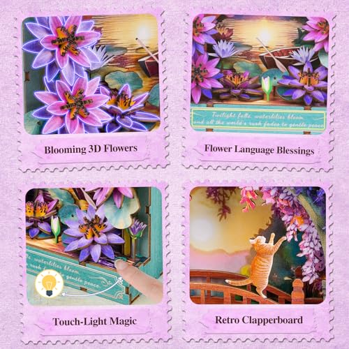 3D Puzzles for Adults Water Lilies Wooden Bloom Craft with LED Light - color: Twilight Water Lilies