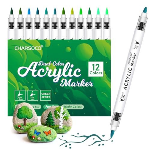 Green Tones Acrylic Paint Pens, 12 Colors Markers Set with Soft Brush & Bullet Tip, for Rock, Painting, Wood, Glass, Ceramic, Canvas, Stone, DIY Crafts, Making Art Supplies, Fabric Paint - color: Green