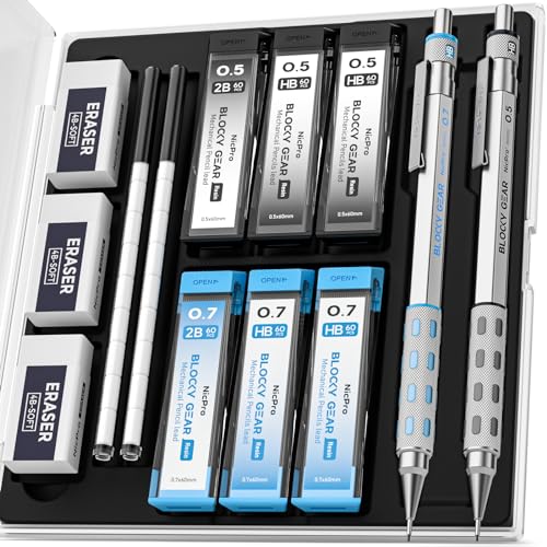 Nicpro Blocky Gear 0.5 mm & 0.7 mm Mechanical Pencils Set in Case | Metal Pencil with 6 Tube Lead Refills, Eraser, Eraser Refills for Professional & Adult Art Writing Drafting Drawing Sketching - style: Contemporary