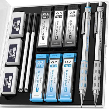 Nicpro Blocky Gear 0.5 mm & 0.7 mm Mechanical Pencils Set in Case | Metal Pencil with 6 Tube Lead Refills, Eraser, Eraser Refills for Professional & Adult Art Writing Drafting Drawing Sketching - style: Contemporary