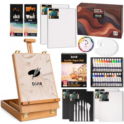 DJAR 49 Pcs Acrylic Paint Set with Tabletop Easel & Canvas, 24 Colors | Complete Art Supplies Kit with Canvas Panels, Brushes and Painting Pads, Painting Set for Kids, Beginners, Adults and artists - style: Tabletop Easel Set