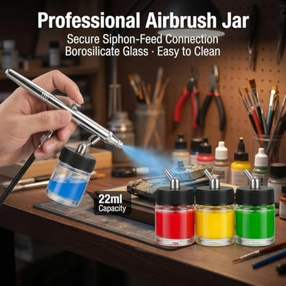 10pk 0.75oz Glass Airbrush Bottles, 30° Siphon with Silicone Caps | 10 glass jars with 30° siphon adapter, 10 silicone caps seal paint & block dust, fits Iwata/Master/Badger,easy-clean bulk set - size: G2P