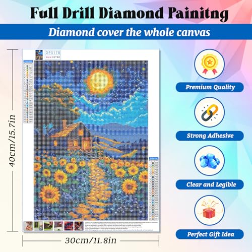 Yunnuo Diamond Art Kits for Adults Sunflower Cottage,5D DIY Diamond Painting Landscape,Night Scenery Gem Painting Kit with Round Diamonds for Gift&Decoration(12x16in/30x40cm) - color: E005-sunflower cottage 30x40cm