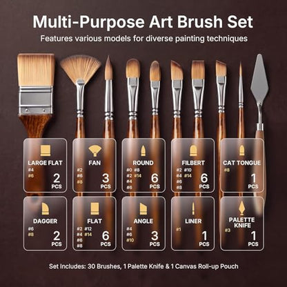 Nicpro 30pcs Paint Brush Set for Acrylic Painting, Oil, Watercolor, Gouache | Professional 9 Shapes No Shedding Synthetic Bristles with Palette Knife & Canvas Roll, Art Supplies for Artists and Beginners - color: Wood