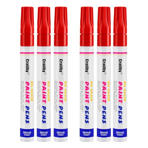 Red Paint Markers, 6 Pack Oil-Based Waterproof Quick Dry Permanent Paint Pen Set for Rocks Painting, Wood, Fabric, Plastic, Canvas, Glass, Mugs, Metal, Tire, Stone, DIY Craft - color: Red