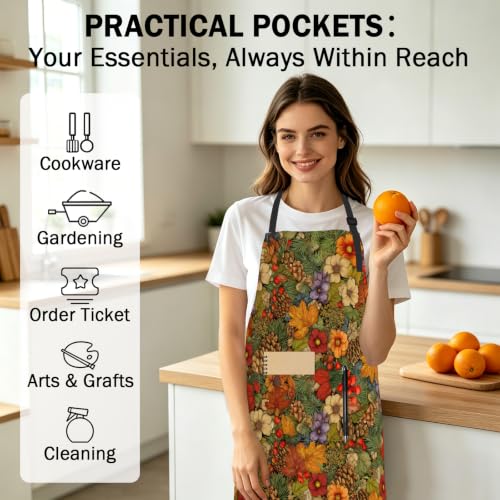 Fall Winter Aprons Pinecone Red Berry Kitchen Apron with 2 Pockets and Adjustable Neck Strap Autumn Thanksgiving Maple Leaf Flowers Cooking Apron for Baking Crafting Gardening - color: Fall Winter