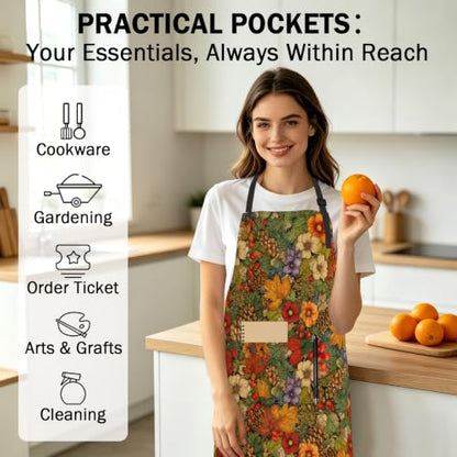 Fall Winter Aprons Pinecone Red Berry Kitchen Apron with 2 Pockets and Adjustable Neck Strap Autumn Thanksgiving Maple Leaf Flowers Cooking Apron for Baking Crafting Gardening - color: Fall Winter