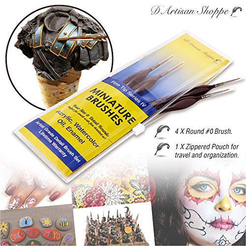 Professional Detail Paint Brushes Set - Size 0 Round Fine Tip Miniature Brushes for Adult Tabletop Gaming, Model Making, Precision Art & Hobby Painting (4-Pack) - style: 4pc Fine Tip (Size 0)