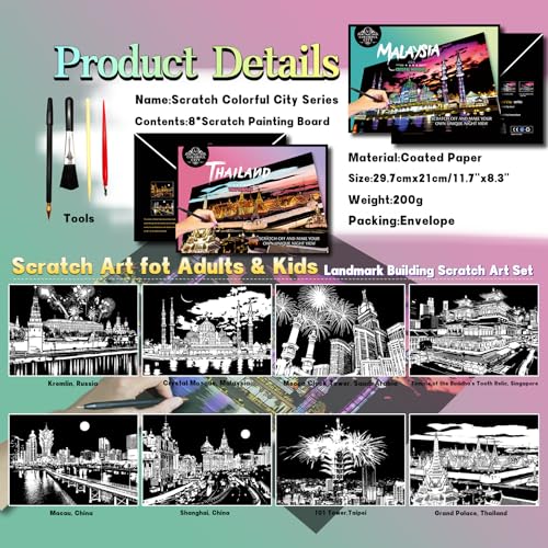 DESINIK Scratch Painting Art Paper - Scratch Art for Adults & Teens: Premium DIY Craft Kit with Tools - Creative Adult& Teens Crafts for Home Decor & Stress Relief（Asia Series） A4 - color: Asia Series