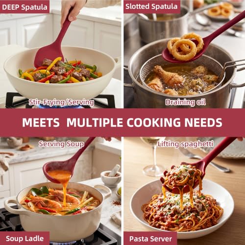 Kitchen Utensils Set,9 PCS Silicone Cooking Utensils Set Spatula Set,Cooking Utensils Tool,Tongs,Spoon,Whisk,Brush,Dishwasher Safe Kitchen Gadgets for Non-Stick Cookware,Home Essential(Red) - color: PERSIAN RED
