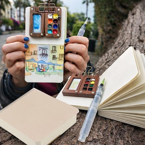 Mini Watercolor Travel Set, Walnut Wood 12 Colors Brush, Sketchbook, 2 Pens