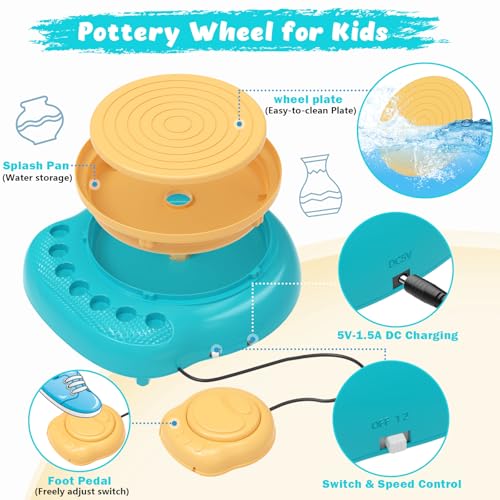 Pottery Wheel for Kids with Air Dry Clay Kit, 12 Paints & Tools, Ages 6-12 | No kiln needed: shape on the electric wheel, air-dry & paint. Gentle beginner speed; kit adds 3 clay packs, tools & apron - color: yellow/cyan