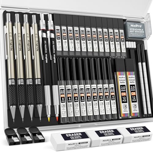 Nicpro 37PCS Art Mechanical Pencil Set, 4PCS Metal Drafting Pencil - color: Black, style: 0.3 0.5 0.7 0.9 2.0