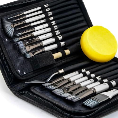 Transon 20Pcs Art Paint Brush Kit with Storage Case, 16 Brushes + Foam Brush Spatula Sponge for Acrylic Oil Watercolor Gouache, Adults Teens Beginners Art Supplies - color: White