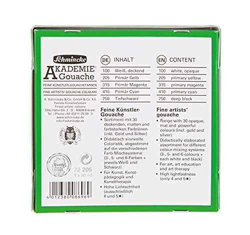 Schmincke - AKADEMIE® Gouache, 5 x 0,68 fl oz / 20 ml tubes, 72 205 097, 5 basic colors in a cardboard set, opaque, matt and intense colors, high lightfastness, mixing, color theory - size: 3.4 Fl Oz (Pack of 1)