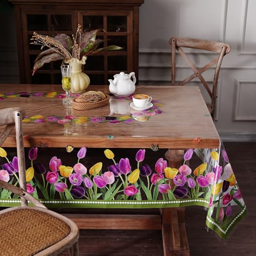 Clear Table Protector Cover Vinyl Tulip PVC Tablecloth, 52“x70” | Dining Room, Kitchen Meals, Tabletop Protection, Easy Cleanup, Brunch, Parties, Holiday Gatherings, Everyday Use - color: Tulip, size: 52" x 70" (Rectangular)