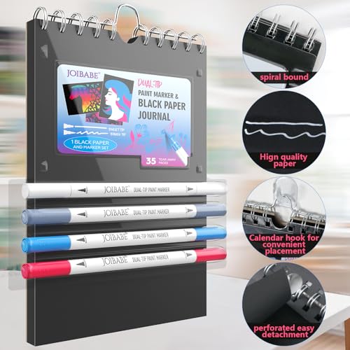 Black Paper Sketchbook Set：5.5" x 8.5" 100GSM Aicd-free 35 Sheets Black Paper Sketchbook & 4 Dual-tip Acrylic Marker Set for Drawing, Sketching, & Journaling