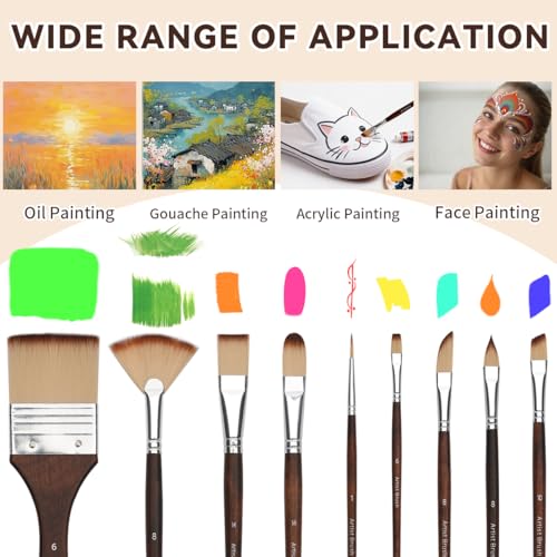 Bowitzki 25pcs Paint Brush Set,Professional Artist Paintbrush kit with Flat, Filbert, Fan, Dagger, Cat Tongue, Round, Angle, Spatula,Rigger for Oil, Acrylic Canvas Paintings, Body Face Painting (A)
