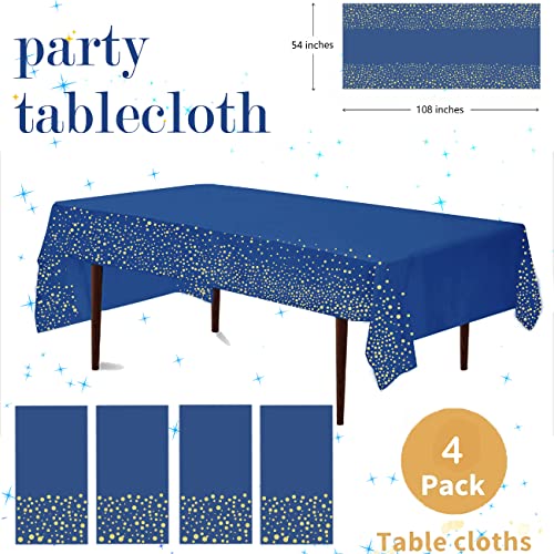 Yancorp 4 Pack Plastic Tablecloth Disposable Navy Blue Gold Tablecloth for Rectangle Tables 54" x 108" Party Decorations Birthday Thanksgiving Christmas Wedding Outdoor BBQ Picnic - color: Dark Blue, size: 4 Pack