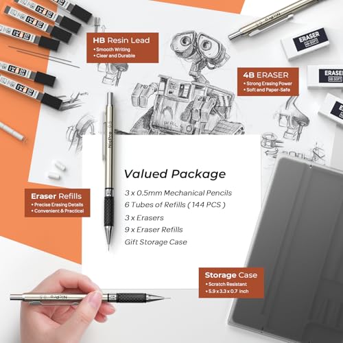 Nicpro 0.5 mm Art Mechanical Pencil Set in Storage Case, 3 PCS | Metal Drafting Pencil Lead Pencil+6 Tube HB Refills, 12 Erasers, Comfort Grip For School Writing, Artist Drawing, Sketching - style: 3 Pack (0.5mm)
