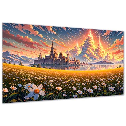 DDGEMART 5D Diamond Painting, Full Drill Fantasy Castle Meadow Lake Flower Art for Adults, Large 28x16 Inch - color: Fantasy Landscape