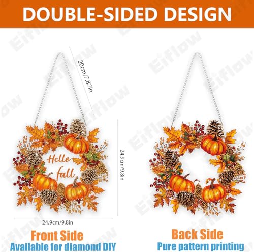 Eiflow Fall Diamond Art Hanging Kit for Adult Pumpkin Wreath, DIY Acrylic Diamonds Painting Ornament Double Sided Pendant Board Kit(Hello Fall)