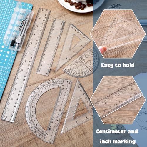Zonon 7‑Piece Geometry Set with Drawing Compass, 6 & 4 Inch Protractors, Triangle Rulers and Straight Rulers, Transparent Math Drafting Supplies for Back to School, Students and Office Use(Clear) - color: Clear
