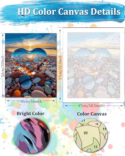 TOCARE Paint by Numbers Kit for Adults Beach Sunset, Acrylic Adult Paint by Number Sunset with Crystal Heart 16x20inch Gift for Valentines'Day - color: Sea Crystal Heart