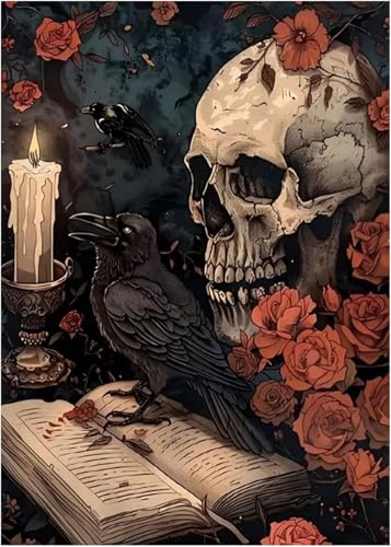 ZeeLionArt Diamond Art Kit, Gothic Skull Crow Halloween, 16 x 12 Inch | 5D DIY Halloween Full Square Drill Diamond Painting Kit for Adults & Beginners, Home Wall Decor Craft Gift - color: DP04189