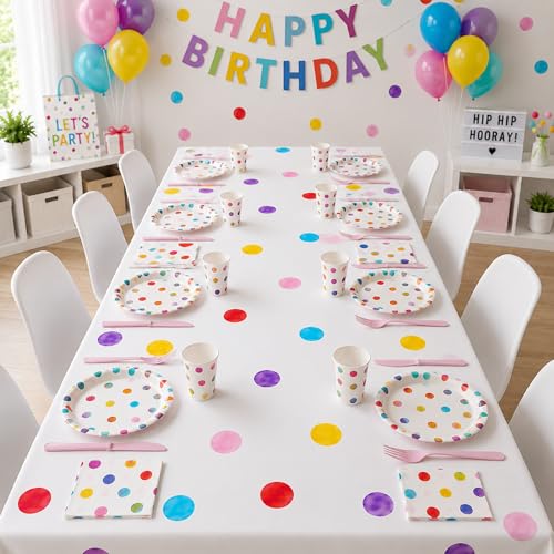 Blue Orchards Polka Dots Table Cover (Pack of 3) - 108"x54" – Colorful Happy Birthday Party Table Decoration, Bright Accent and Backdrop, Tablecloth, Gift Wrap and Banner, Multi Purpose Rainbow Decor - color: Happy Birthday (Pack of 3)