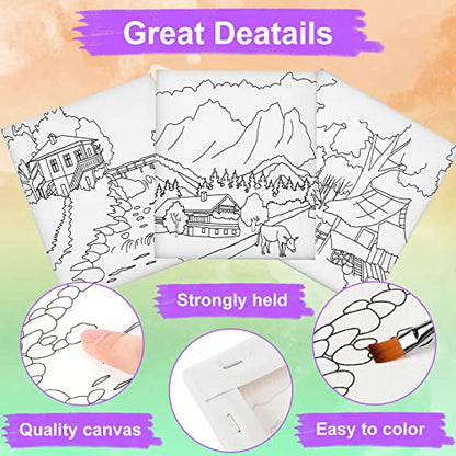 Teling 12 Pcs Pre Drawn Stretched Canvas Kit for Adults Painting Pre Printed Canvas Outline for DIY Painting Party Favor,6 x 6 x 0.6 Inches(Landscape) - style: Landscape