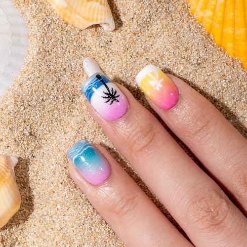 CurvLife Medium Square Tropical Press On Nails, Summer Sunset Pink | 32PCS 16 Sizes, Salon-Quality Natural Fake Nails, Curved Fit, 7-14 Day Glue-On Wear, Reusable Stick-On Nails, Press-On Kit - color: Hawaii1