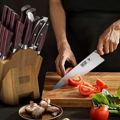 HOSHANHO 18PCS Kitchen Knife Block Set, Sharp Chef Knives with Sharpener | Super Sharp High Carbon Stainless Steel Cooking Knife Set, Professional Cutlery Knife Set with Sharpener, Ideal Home Gift Set - size: 18 Pieces Knife Set